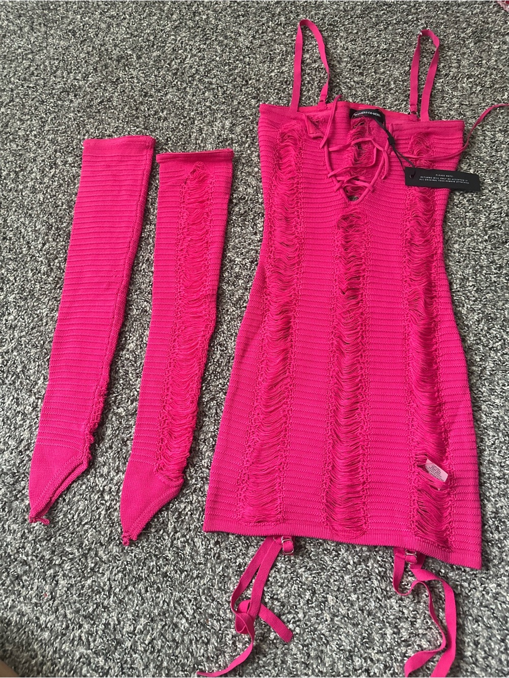 Maniere De Voir Hot Pink Distressed Mini Dress with Arm Warmers